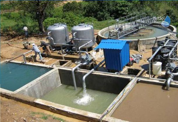 Sewage treatment plant under construction with reactor tanks